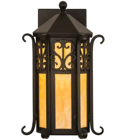 Meyda Lighting Caprice 9" Textured Black Lantern Wall Sconce With Beige Art Shade Glass