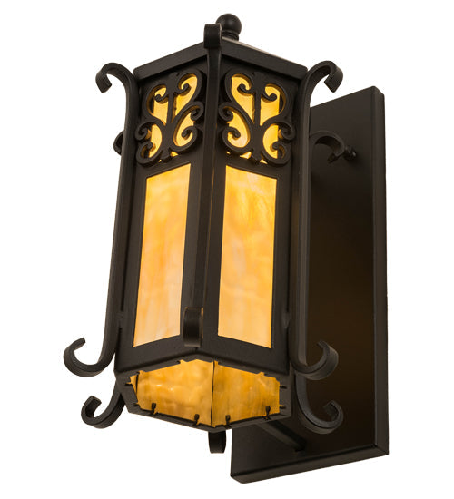Meyda Lighting Caprice 9" Textured Black Lantern Wall Sconce With Beige Art Shade Glass
