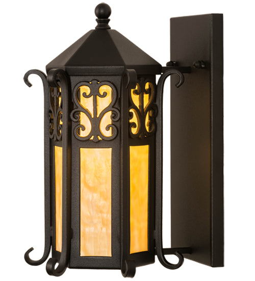 Meyda Lighting Caprice 9" Textured Black Lantern Wall Sconce With Beige Art Shade Glass