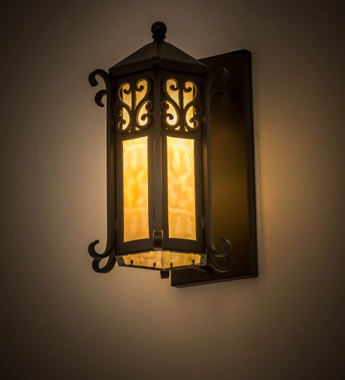 Meyda Lighting Caprice 9" Textured Black Lantern Wall Sconce With Beige Art Shade Glass