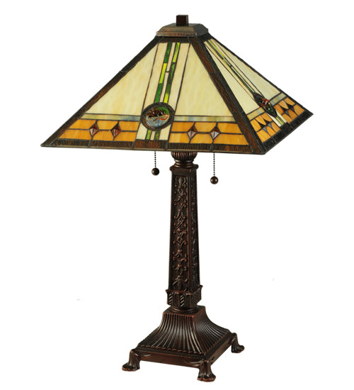 Meyda Lighting Carlsbad Mission 27" 2-Light Mahogany Bronze Table Lamp With Multi-Colored Shade Glass