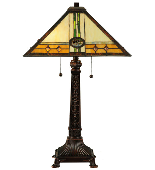 Meyda Lighting Carlsbad Mission 27" 2-Light Mahogany Bronze Table Lamp With Multi-Colored Shade Glass