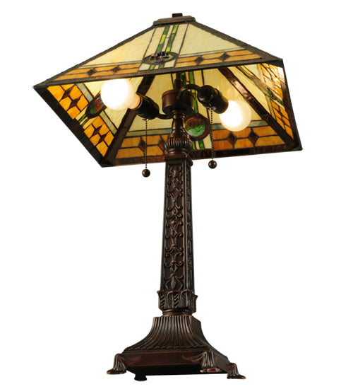 Meyda Lighting Carlsbad Mission 27" 2-Light Mahogany Bronze Table Lamp With Multi-Colored Shade Glass