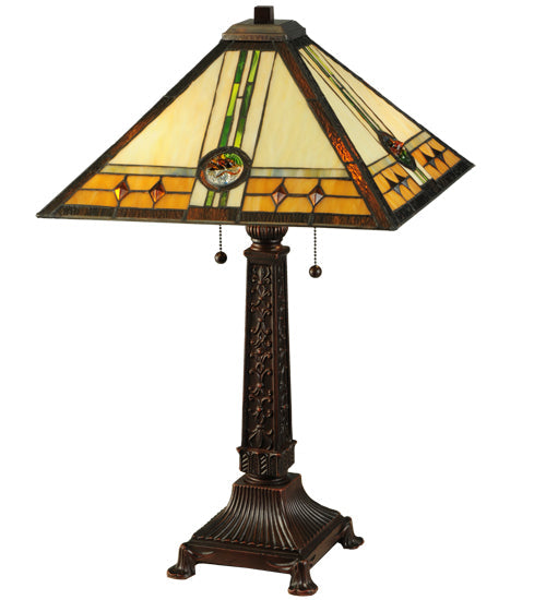 Meyda Lighting Carlsbad Mission 27" 2-Light Mahogany Bronze Table Lamp With Multi-Colored Shade Glass