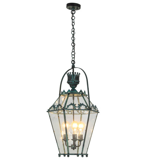 Meyda Lighting Carnaby 18" 3-Light Craftsman Verdigris Pendant Light With Clear Shade Glass