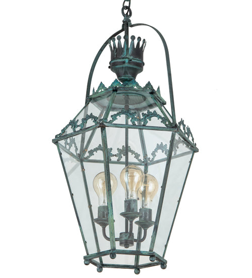 Meyda Lighting Carnaby 18" 3-Light Craftsman Verdigris Pendant Light With Clear Shade Glass