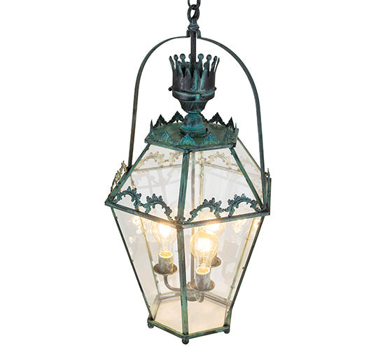Meyda Lighting Carnaby 18" 3-Light Craftsman Verdigris Pendant Light With Clear Shade Glass