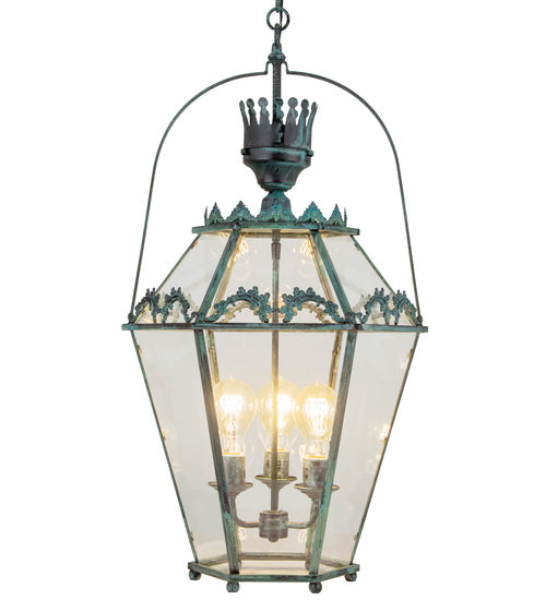 Meyda Lighting Carnaby 18" 3-Light Craftsman Verdigris Pendant Light With Clear Shade Glass