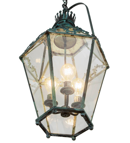Meyda Lighting Carnaby 18" 3-Light Craftsman Verdigris Pendant Light With Clear Shade Glass