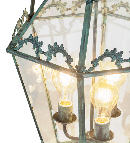 Meyda Lighting Carnaby 18" 3-Light Craftsman Verdigris Pendant Light With Clear Shade Glass