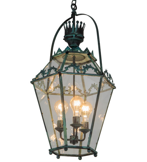 Meyda Lighting Carnaby 18" 3-Light Craftsman Verdigris Pendant Light With Clear Shade Glass
