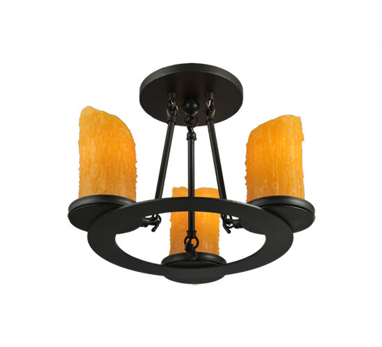 Meyda Lighting Carpathian 14" 3-Light Wrought Iron Semi-flush Mount Ceiling Light With Honey Amber Faux Candles Shade Glass