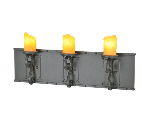 Meyda Lighting Carpathian 31" 3-Light Wrought Iron Vanity Light With Amber Candle Resin Shade