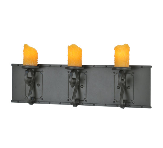 Meyda Lighting Carpathian 31" 3-Light Wrought Iron Vanity Light With Amber Candle Resin Shade