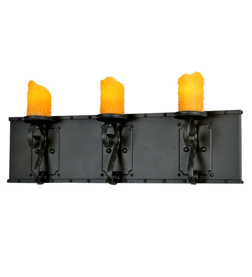 Meyda Lighting Carpathian 31" 3-Light Wrought Iron Vanity Light With Amber Candle Resin Shade