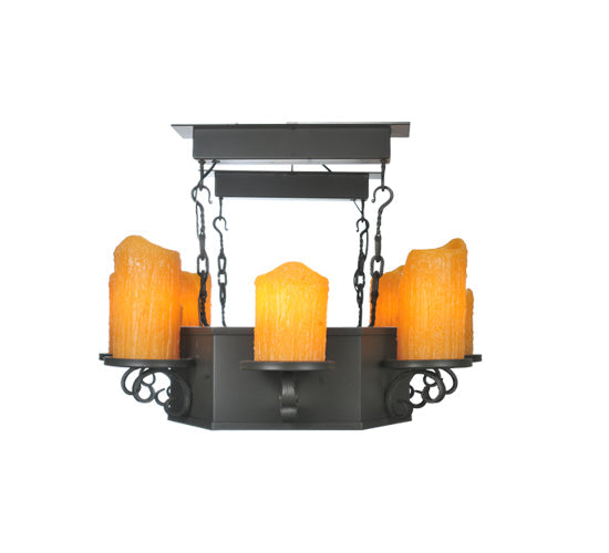 Meyda Lighting Carpathian 48" 10-Light Wrought Iron Chandelier With Honey Amber Faux Candles Shade