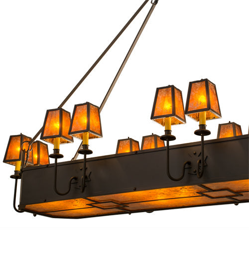 Meyda Lighting Carpathian 82" 28-Light Oil Rubbed Bronze Island Chandelier With Amber Mica Shade Glass