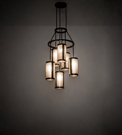 Meyda Lighting Cartier 233898 24" 6-Light Timeless Bronze Cascading Chandelier With Silver Mica Shade Glass