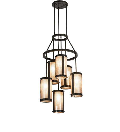 Meyda Lighting Cartier 233898 24" 6-Light Timeless Bronze Cascading Chandelier With Silver Mica Shade Glass