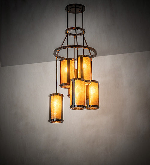Meyda Lighting Cartier 24" 6-Light Dark Burnished Transparent Copper Cascading Chandelier With Amber Mica Shade Glass
