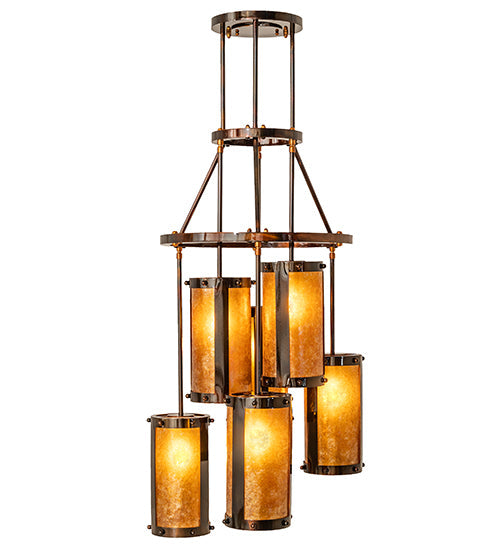 Meyda Lighting Cartier 24" 6-Light Dark Burnished Transparent Copper Cascading Chandelier With Amber Mica Shade Glass