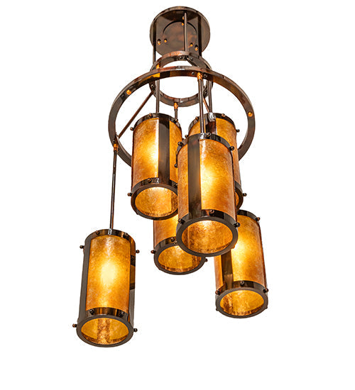 Meyda Lighting Cartier 24" 6-Light Dark Burnished Transparent Copper Cascading Chandelier With Amber Mica Shade Glass