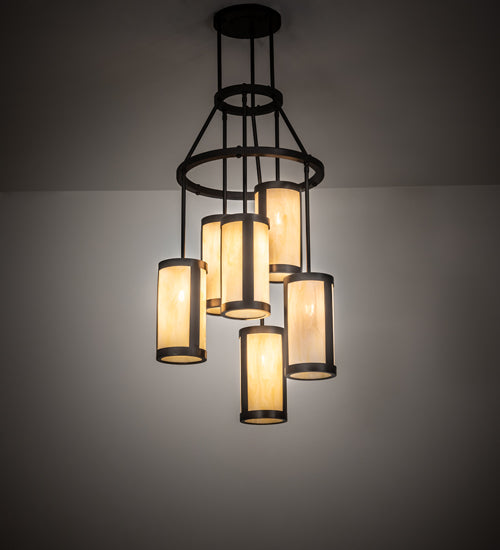 Meyda Lighting Cartier 24" 6-Light Oil Rubbed Bronze Cascading Chandelier With Creme Carrara Idalight Shade