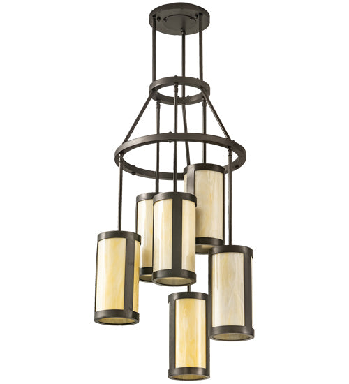 Meyda Lighting Cartier 24" 6-Light Oil Rubbed Bronze Cascading Chandelier With Creme Carrara Idalight Shade