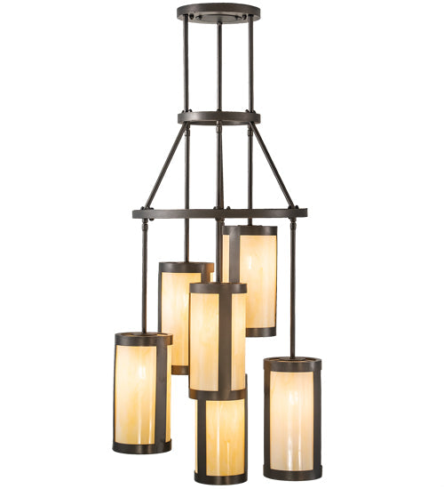 Meyda Lighting Cartier 24" 6-Light Oil Rubbed Bronze Cascading Chandelier With Creme Carrara Idalight Shade