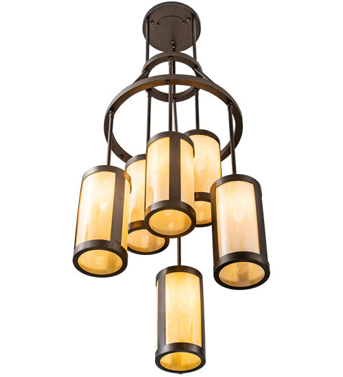 Meyda Lighting Cartier 24" 6-Light Oil Rubbed Bronze Cascading Chandelier With Creme Carrara Idalight Shade