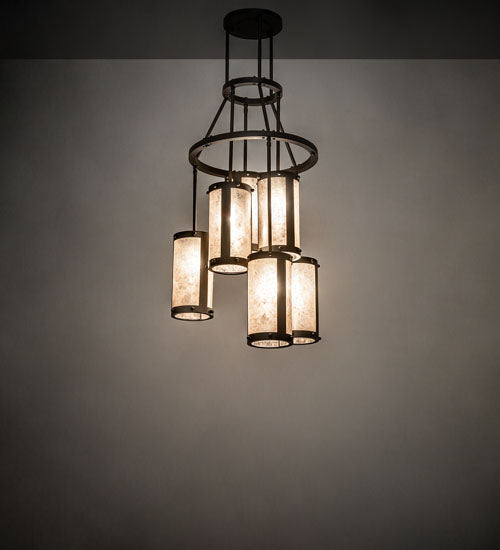 Meyda Lighting Cartier 24" 6-Light Oil Rubbed Bronze Cascading Chandelier With Silver Mica Shade Glass