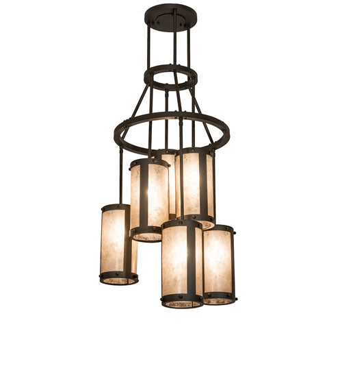 Meyda Lighting Cartier 24" 6-Light Oil Rubbed Bronze Cascading Chandelier With Silver Mica Shade Glass