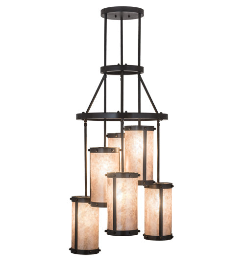 Meyda Lighting Cartier 24" 6-Light Timeless Bronze Cascading Chandelier With Silver Mica Shade Glass