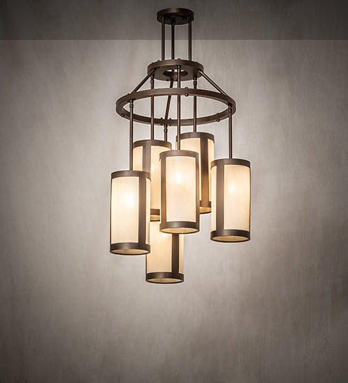 Meyda Lighting Cartier 24" 6-Light Tyler Bronze Cascading Chandelier With Beige Sahara Taupe Idalight Shade