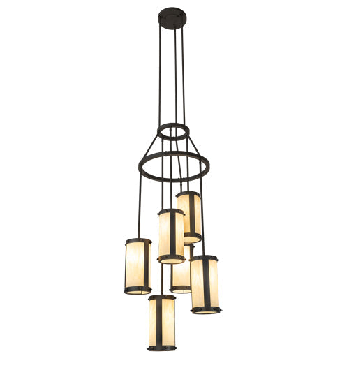 Meyda Lighting Cartier 24" 6-Light Wrought Iron Cascading Chandelier With Creme Carrara Idalight Shade