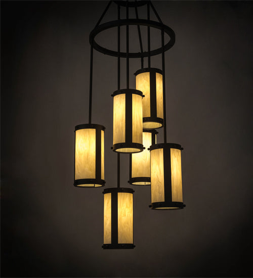 Meyda Lighting Cartier 24" 6-Light Wrought Iron Cascading Chandelier With Creme Carrara Idalight Shade