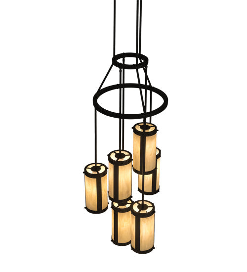 Meyda Lighting Cartier 24" 6-Light Wrought Iron Cascading Chandelier With Creme Carrara Idalight Shade