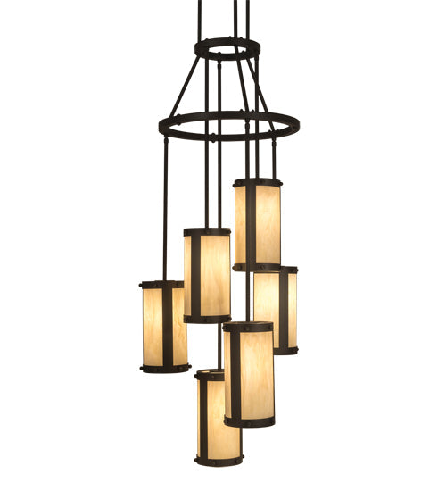 Meyda Lighting Cartier 24" 6-Light Wrought Iron Cascading Chandelier With Creme Carrara Idalight Shade