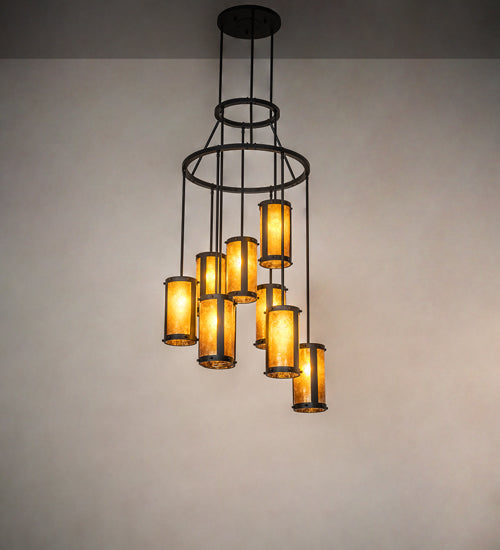 Meyda Lighting Cartier 30" 9-Light Blackwash Cascading Chandelier With Amber Mica Shade Glass