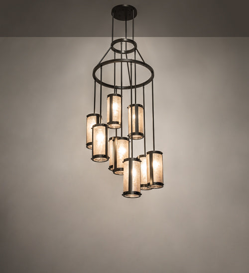 Meyda Lighting Cartier 30" 9-Light Oil Rubbed Bronze Cascading Chandelier With Silver Mica Shade Glass