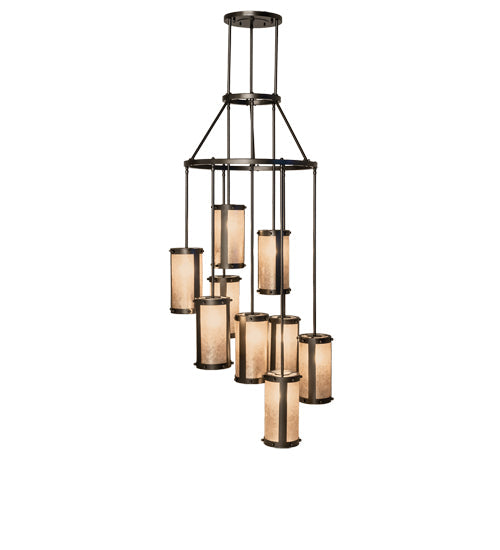 Meyda Lighting Cartier 30" 9-Light Oil Rubbed Bronze Cascading Chandelier With Silver Mica Shade Glass