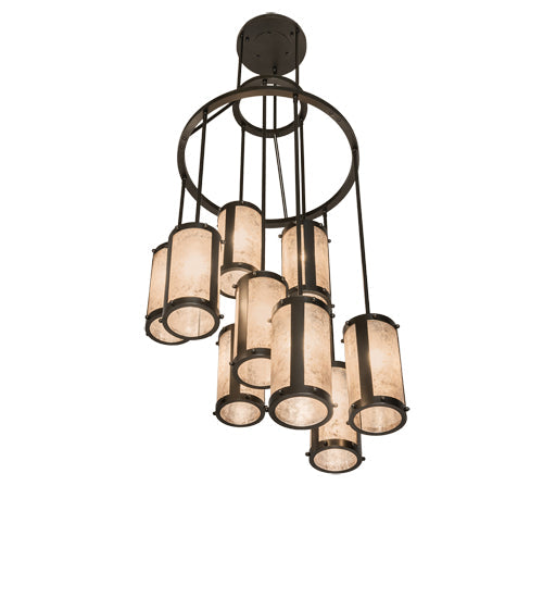 Meyda Lighting Cartier 30" 9-Light Oil Rubbed Bronze Cascading Chandelier With Silver Mica Shade Glass