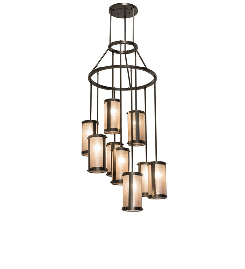 Meyda Lighting Cartier 30" 9-Light Oil Rubbed Bronze Cascading Chandelier With Silver Mica Shade Glass