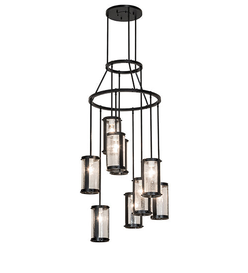 Meyda Lighting Cartier 30" 9-Light Solar Black Cascading Chandelier With Clear Seeded Shade Glass