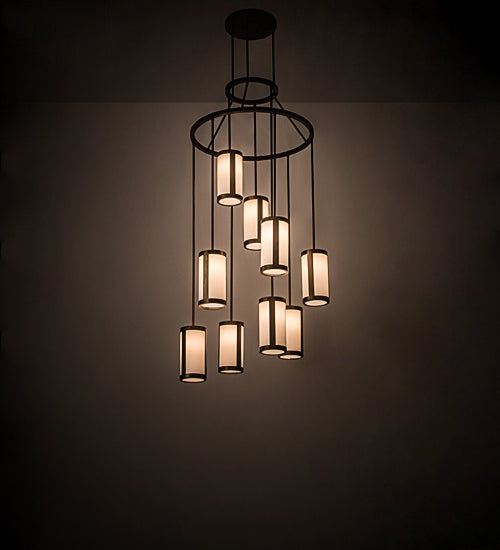 Meyda Lighting Cartier 35" 9-Light Antique Copper Cascading Chandelier With White Linen Shade