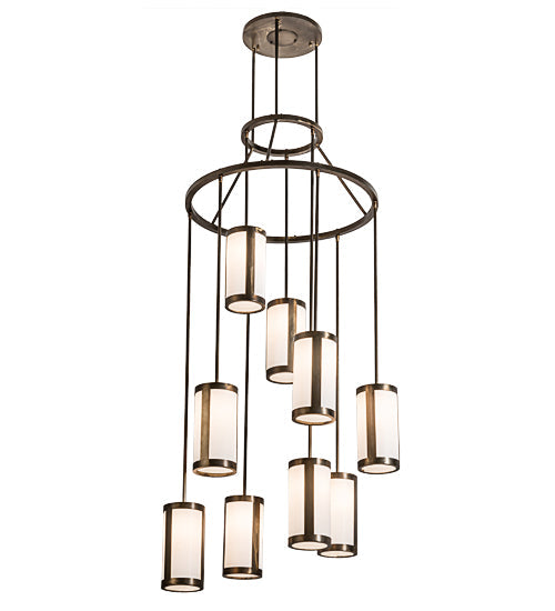 Meyda Lighting Cartier 35" 9-Light Antique Copper Cascading Chandelier With White Linen Shade