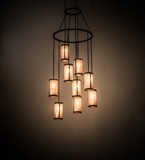 Meyda Lighting Cartier 35" 9-Light Cafe Noir Cascading Chandelier With Silver Mica Shade Glass