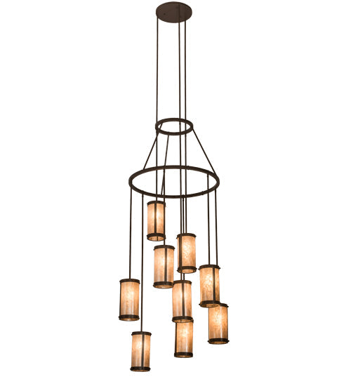 Meyda Lighting Cartier 35" 9-Light Cafe Noir Cascading Chandelier With Silver Mica Shade Glass