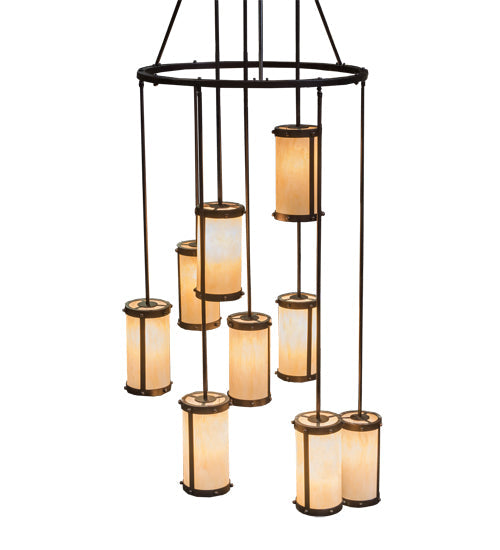 Meyda Lighting Cartier 35" 9-Light Mahogany Bronze Cascading Chandelier With Beige Sahara Taupe Idalight Shade Glass