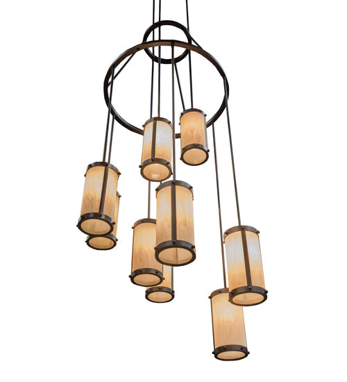 Meyda Lighting Cartier 35" 9-Light Mahogany Bronze Cascading Chandelier With Beige Sahara Taupe Idalight Shade Glass